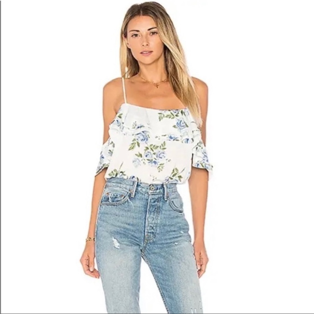 L’Academie Blue Floral Bodysuit Off the Shoulder Revolve Size Small